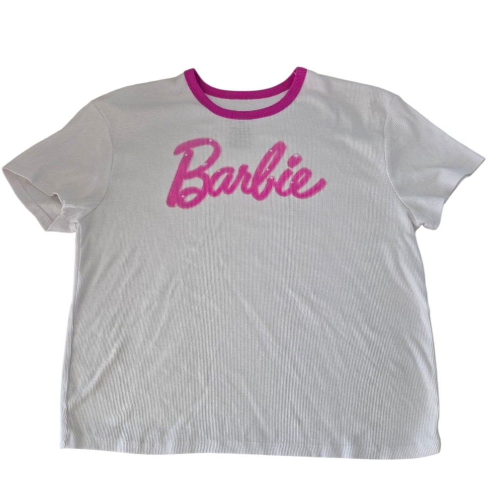 Barbie White & Pink Logo Ringer Tee Mattel Barbie White  T-Shirt Womens XXL